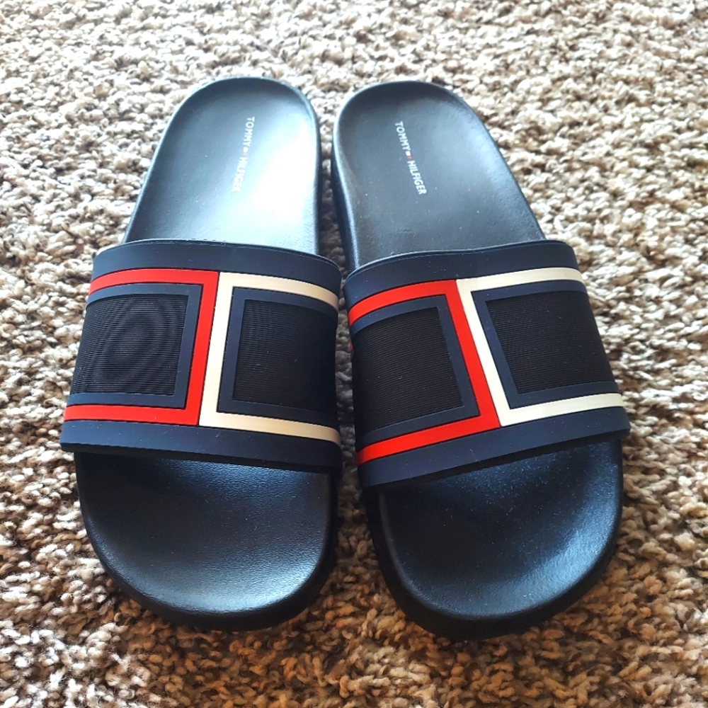 Red white and black slide in slipper shoe